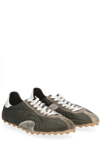 Maison Margiela men’s olive green quilted sneaker sprinters with silver glitter patches and white laces