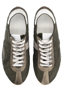Maison Margiela men’s sneaker sprinters in olive green quilted suede with silver metallic stripes and white laces