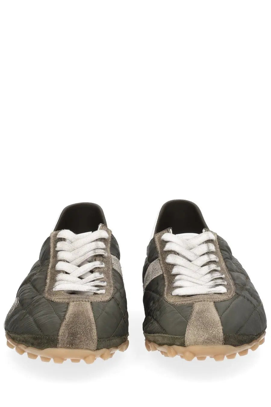 Maison margiela men’s sneaker sprinters green olive green quilted suede sneakers with white laces and tan rubber sole