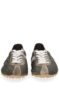 Maison margiela men’s sneaker sprinters green olive green quilted suede sneakers with white laces and tan rubber sole