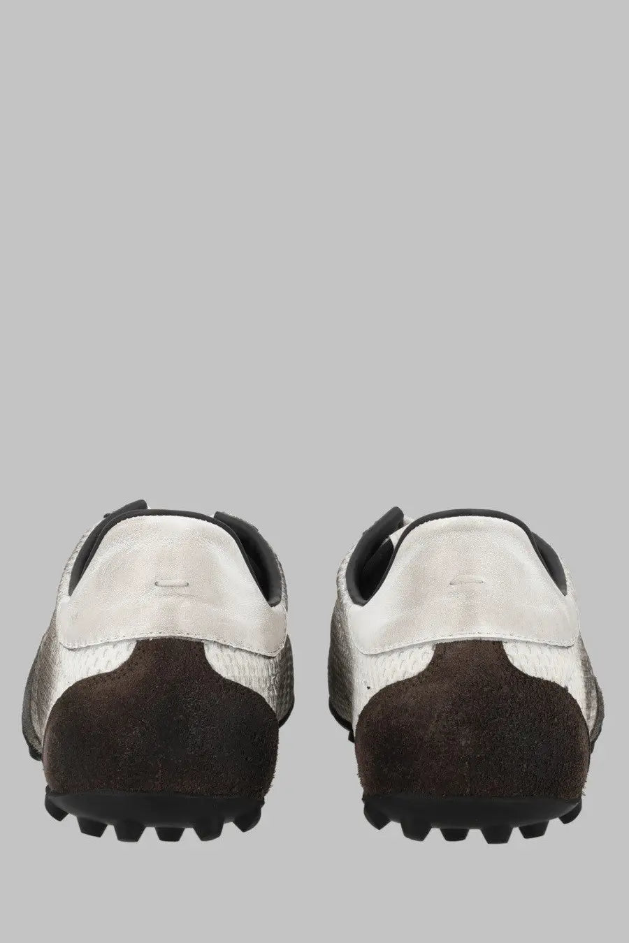 Maison Margiela men’s sneaker sprinters low top white featuring two-tone white and dark brown suede with silver mesh panels
