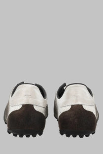 Maison Margiela men’s sneaker sprinters low top white featuring two-tone white and dark brown suede with silver mesh panels