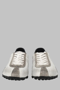 Maison Margiela men’s sneaker sprinters low top white with white and silver snakeskin pattern and black rubber soles