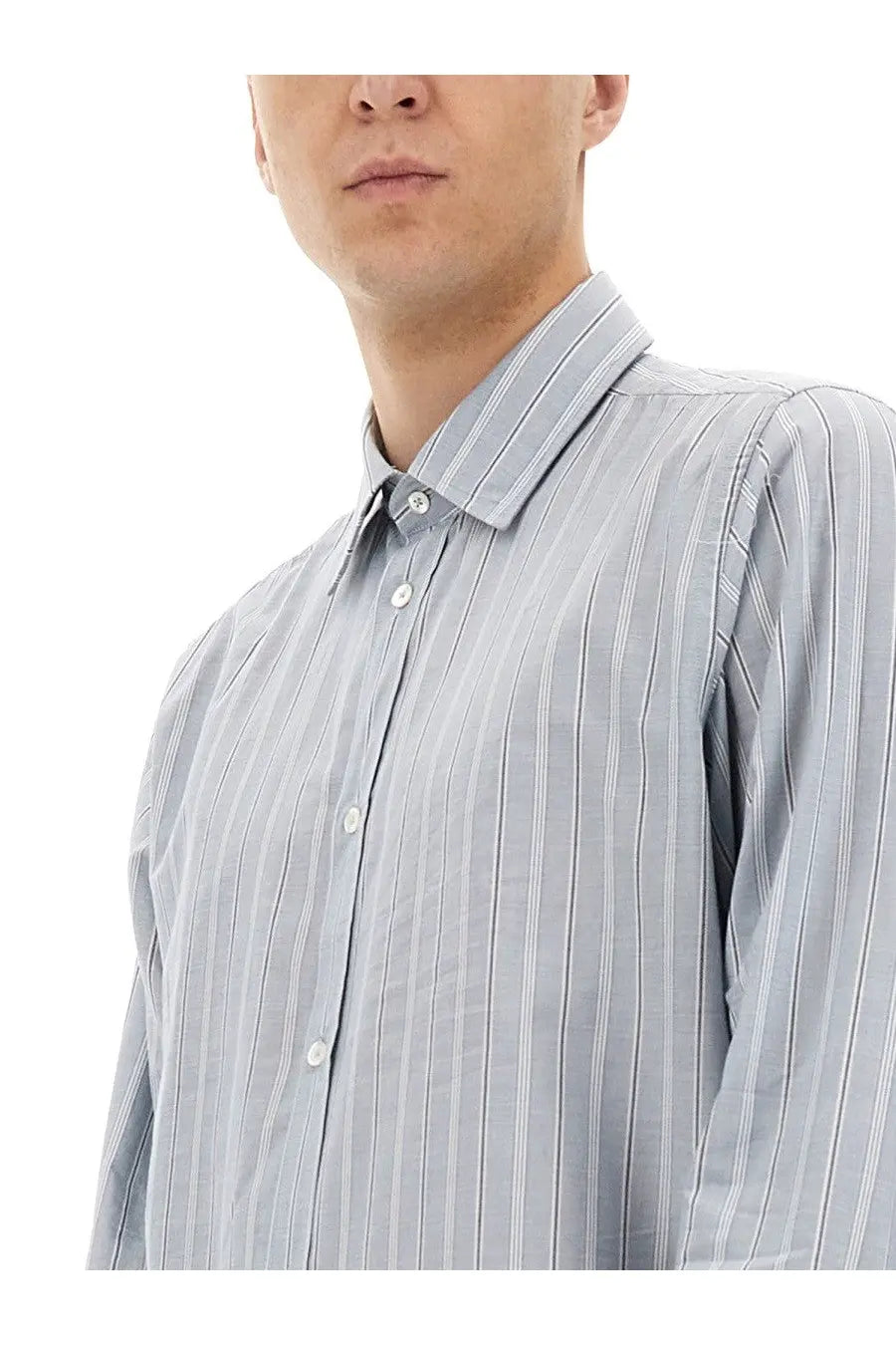 Maison Margiela men’s light gray button-down shirt with fine white vertical stripes and classic collar
