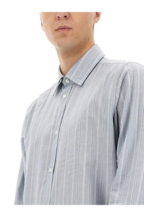 Maison Margiela men’s light gray button-down shirt with fine white vertical stripes and classic collar
