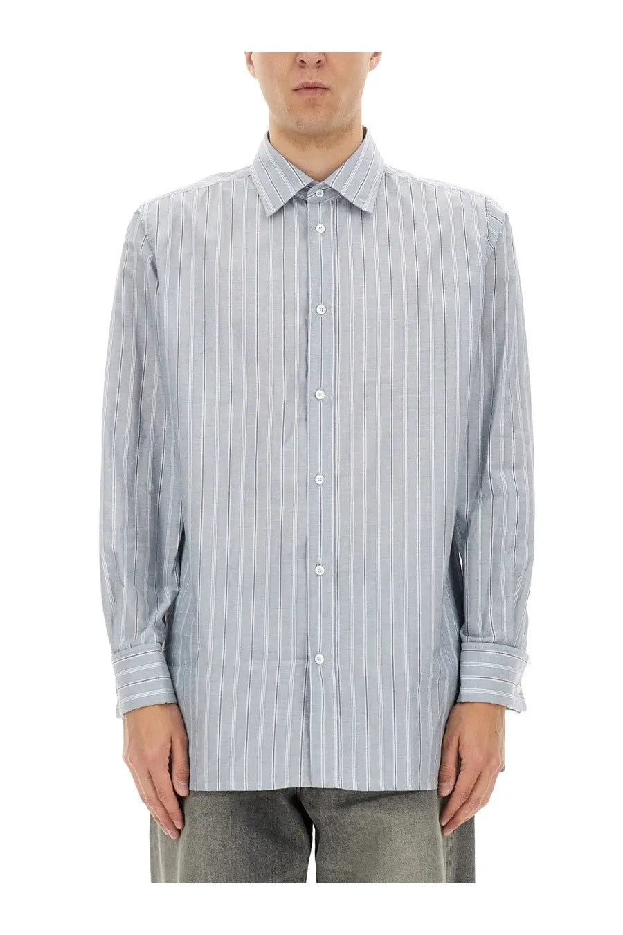 Maison margiela men’s light blue and white vertically striped long-sleeved button-up shirt with classic collar