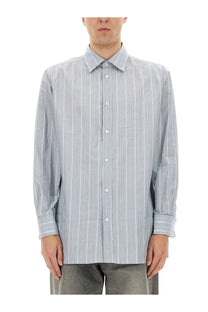Maison margiela men’s light blue and white vertically striped long-sleeved button-up shirt with classic collar