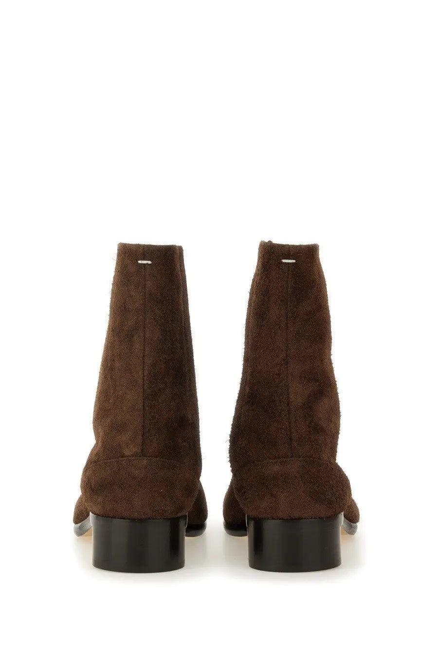 Maison margiela men’s tabi boot brown suede ankle boots with black block heels and minimalist design