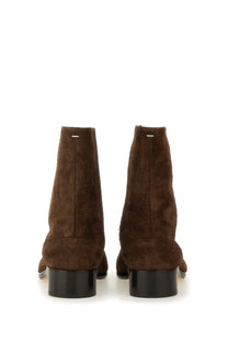 Maison margiela men’s tabi boot brown suede ankle boots with black block heels and minimalist design