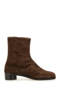 Maison Margiela men’s tabi brown suede ankle boot with low black block heel shown from the back side