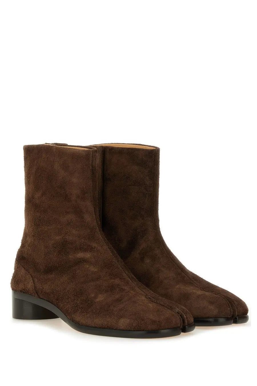 Maison Margiela men’s brown suede tabi boots with low block heel shown from the back side