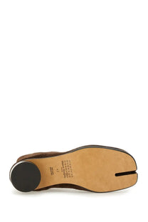 Maison Margiela men’s tabi boot brown suede with distinctive three-toe design and black rubber heel visible from back side