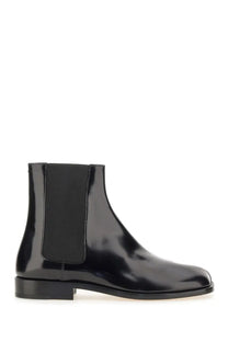 Maison Margiela men’s tabi chelsea boot in black patent leather with elastic side panels and a low block heel