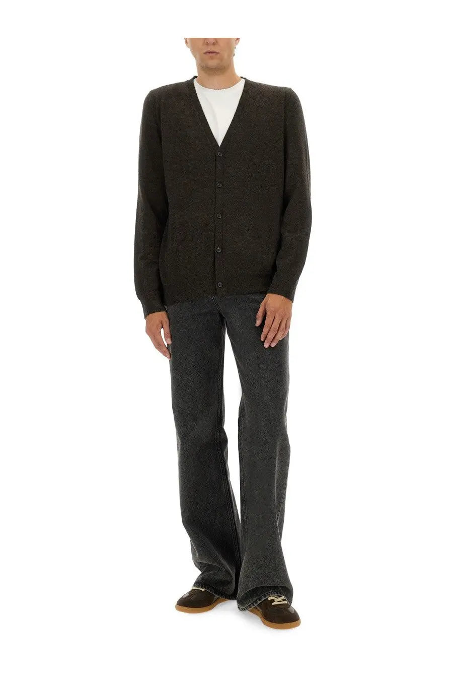 Maison Margiela men’s wool cardigan in brown with v-neck button closure and long sleeves
