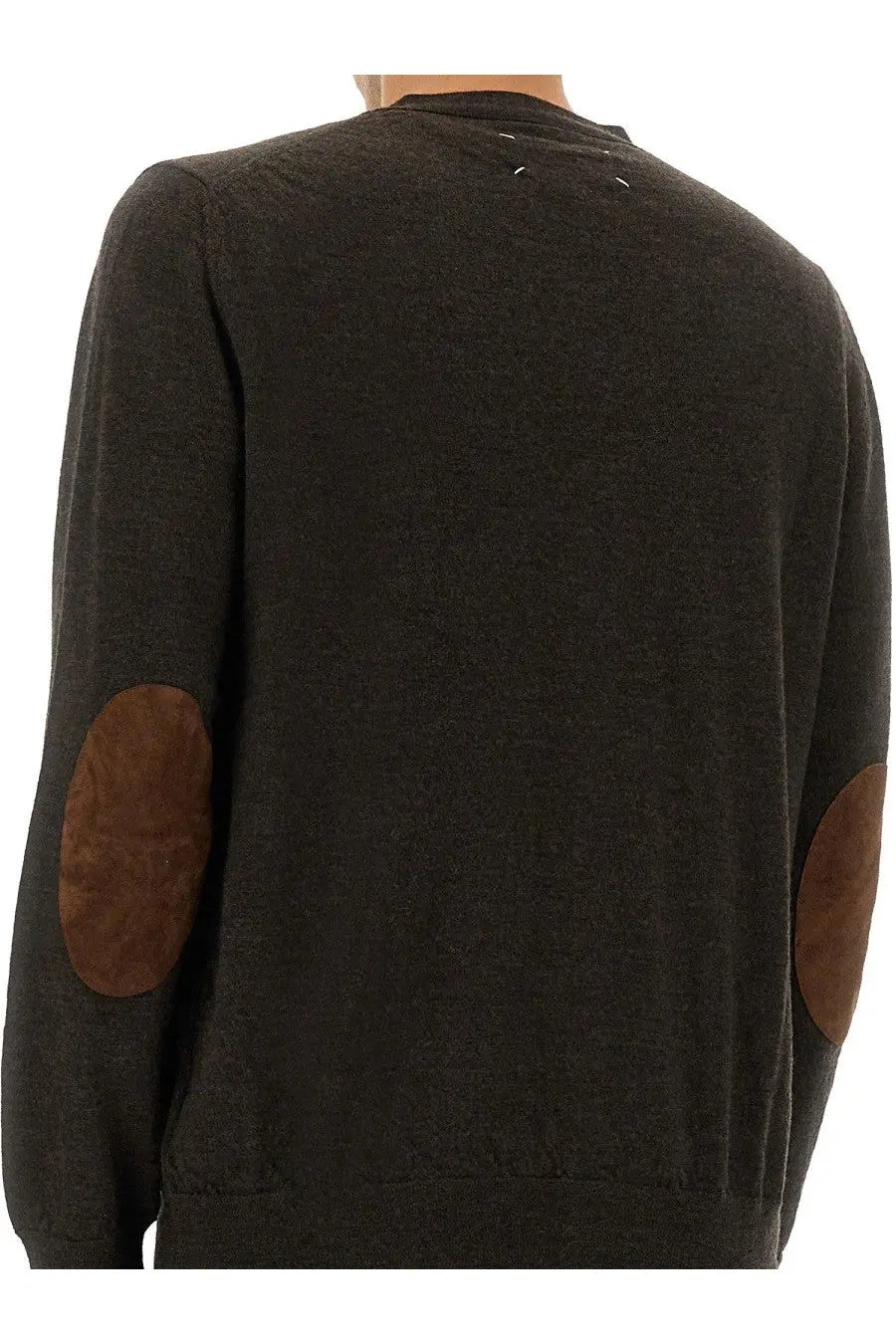 Maison Margiela men’s dark gray wool cardigan with brown suede elbow patches front view