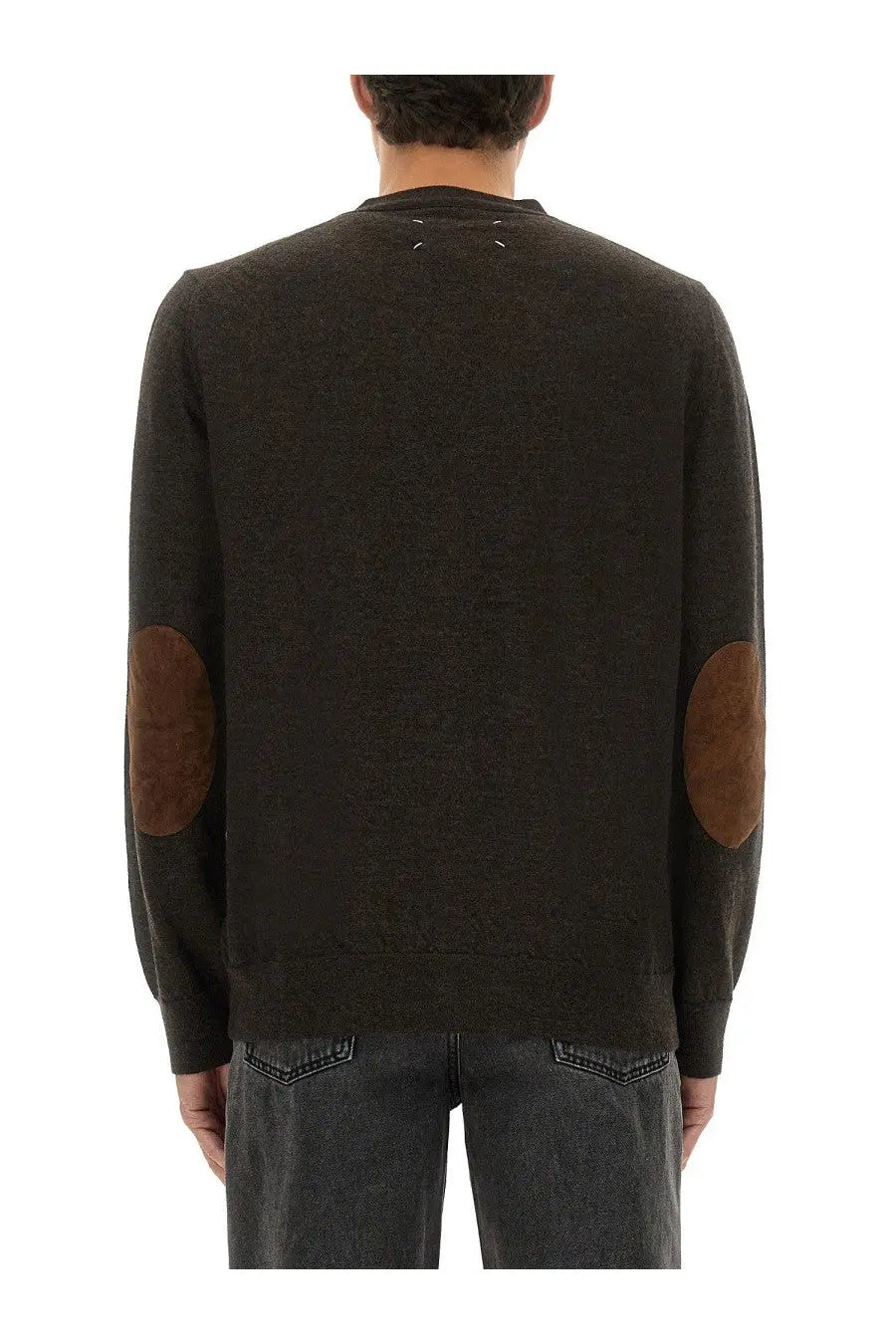 Maison Margiela men’s wool cardigan in dark olive green knit with brown suede elbow patches