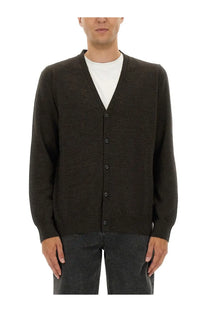 Maison Margiela men’s wool cardigan in dark brown with black buttons and fine knit texture