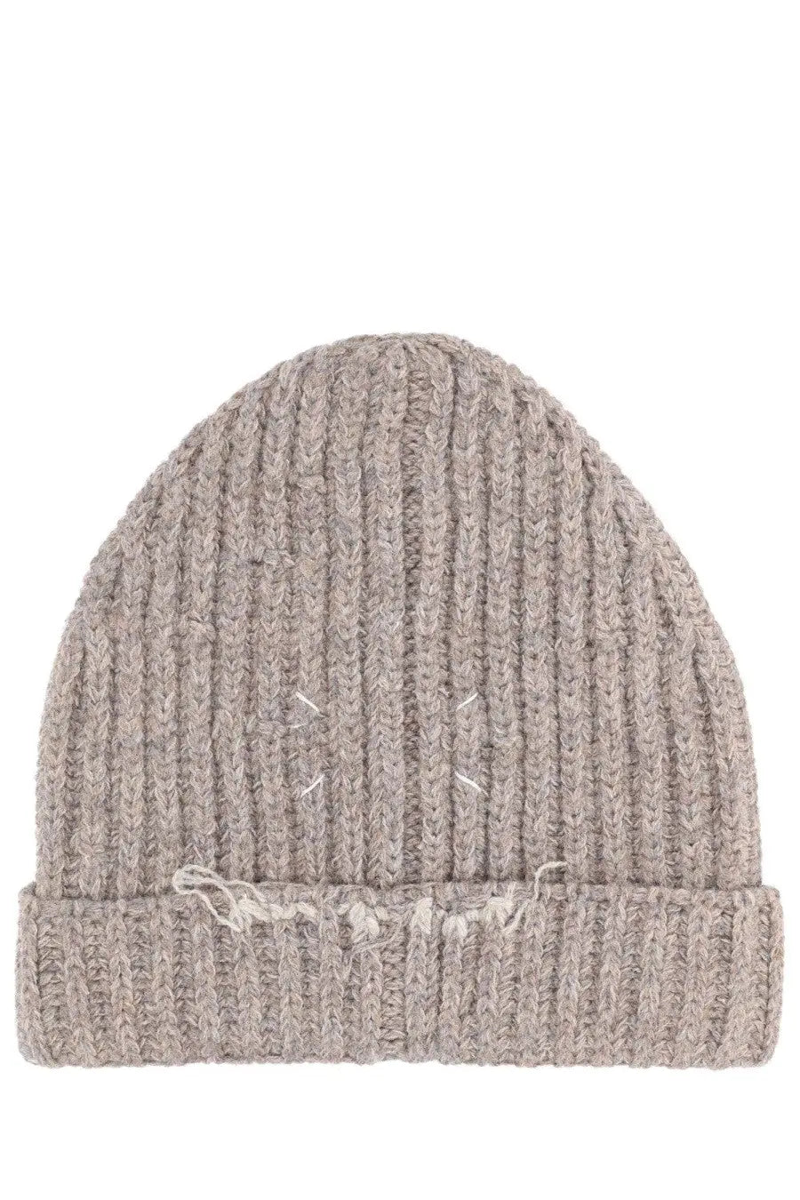 Maison Margiela men’s beige wool and cotton blend ribbed knit beanie with frayed cuff and minimalist face stitching