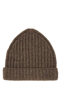 Maison Margiela men’s ribbed brown knit beanie with folded cuff made from wool and cotton blend materials