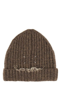 Maison Margiela men’s brown wool and cotton blend ribbed knit beanie with frayed brim and white stitching details