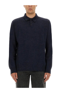 Maison Margiela men’s wool polo shirt in dark navy blue knit with subtle textured pattern and three matching buttons