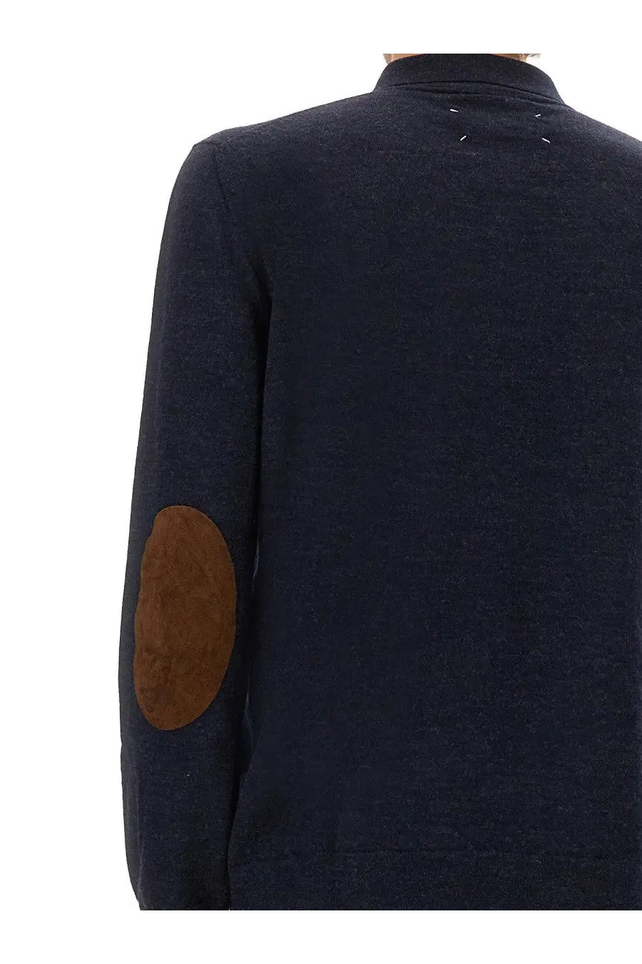 Maison Margiela men’s wool polo in dark blue with brown suede elbow patch for stylish casual wear