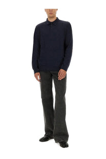 Navy blue wool knit polo shirt with classic collar and buttoned front for men by Maison Margiela