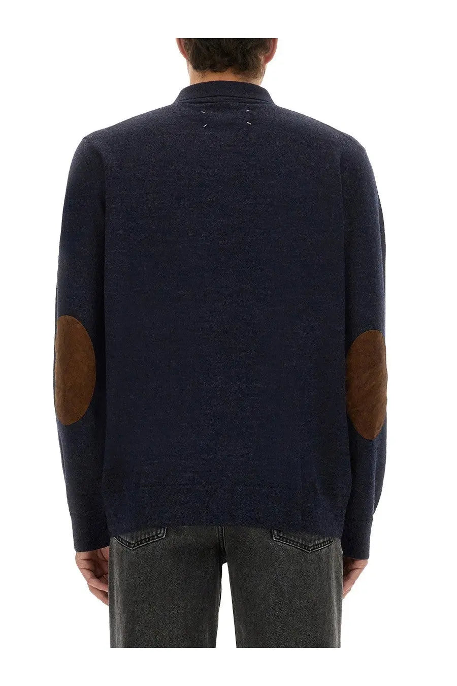 Navy blue Maison Margiela men’s wool polo sweater with brown leather elbow patches for casual wear