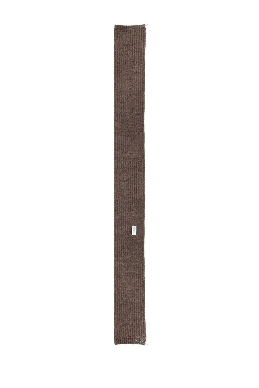 Maison Margiela men’s wool scarf in brown with a long ribbed knit texture and frayed ends