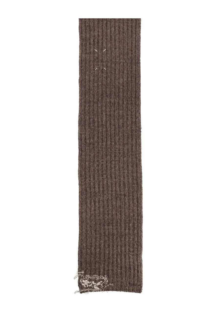 Maison Margiela men’s wool scarf brown ribbed knit with distressed frayed edge and subtle white stitching details