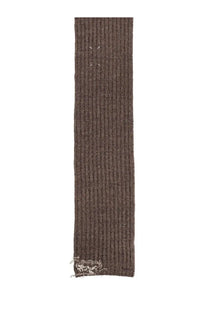 Maison Margiela men’s wool scarf brown ribbed knit with distressed frayed edge and subtle white stitching details