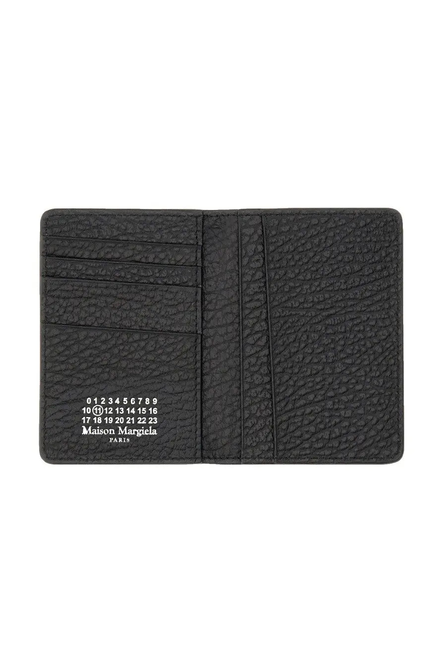 Maison Margiela unisex card holder in black textured leather with white printed numbers and branding Paris