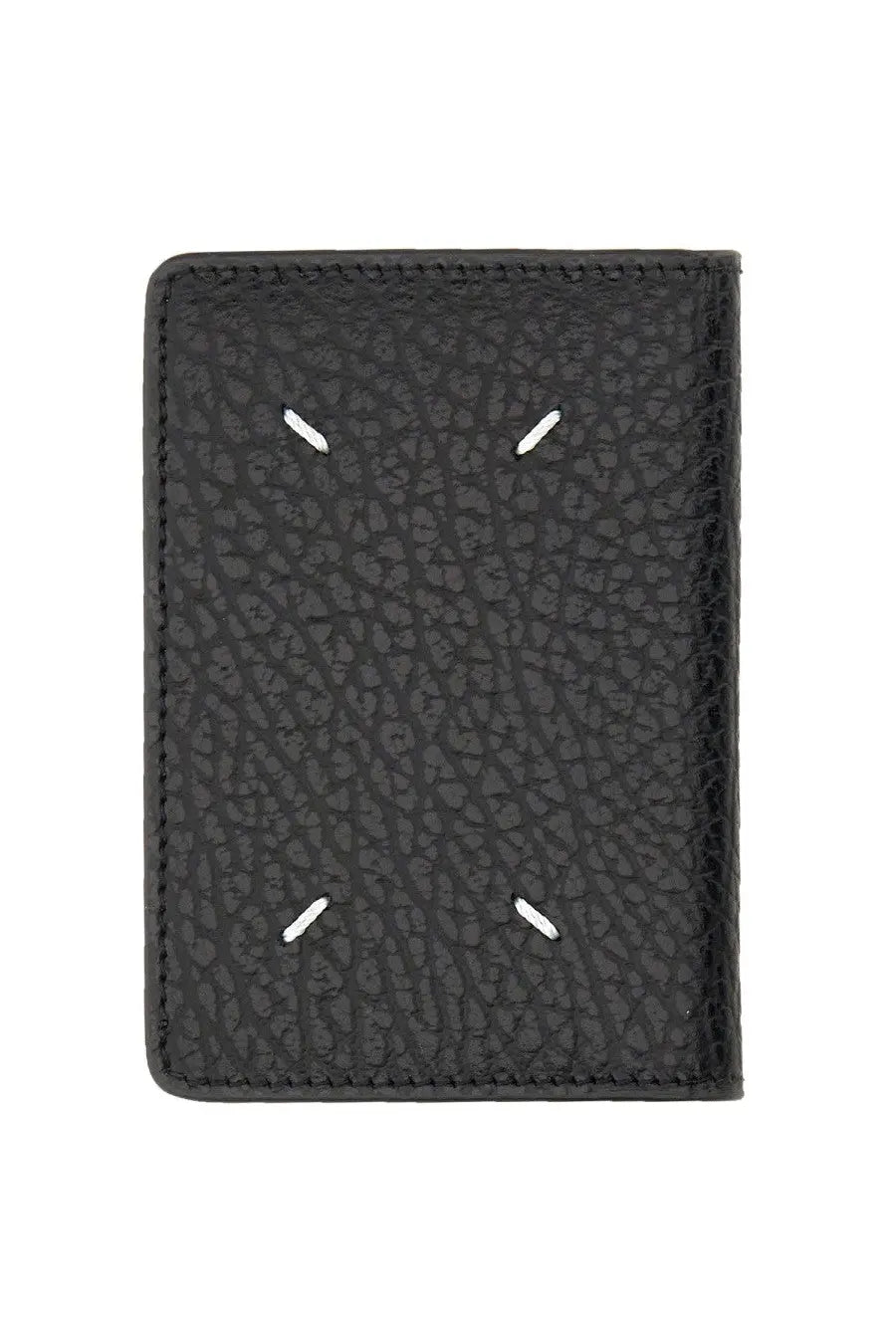 Maison Margiela unisex black card holder made of textured leather with white stitching forming a minimalist face design
