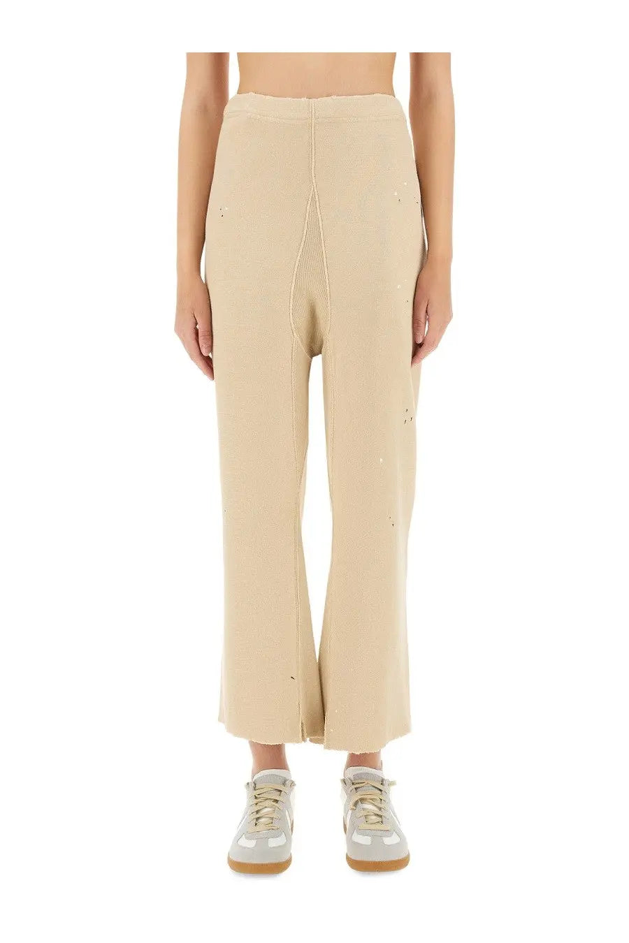 Maison Margiela unisex cotton beige high-rise cropped trousers with ribbed texture and subtle distressed detailing