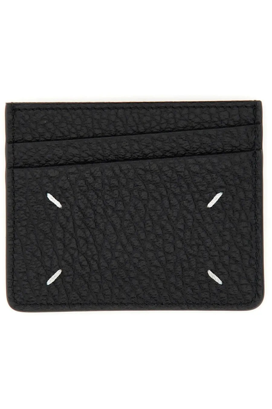 Maison Margiela unisex black leather card holder with white stitching accents and textured finish