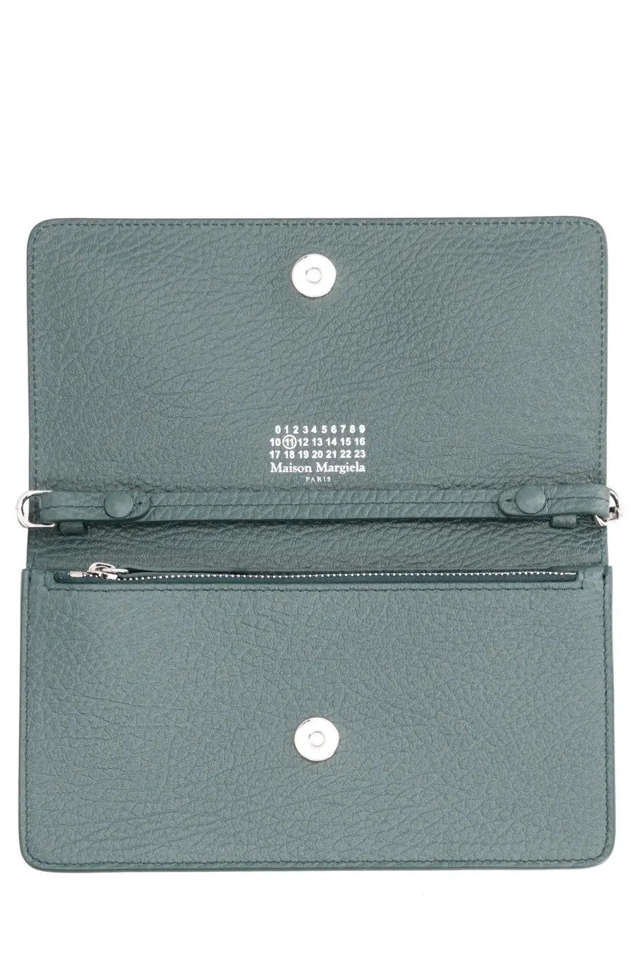 Maison Margiela unisex four stitches wallet in dark green textured leather with silver hardware and minimalist design