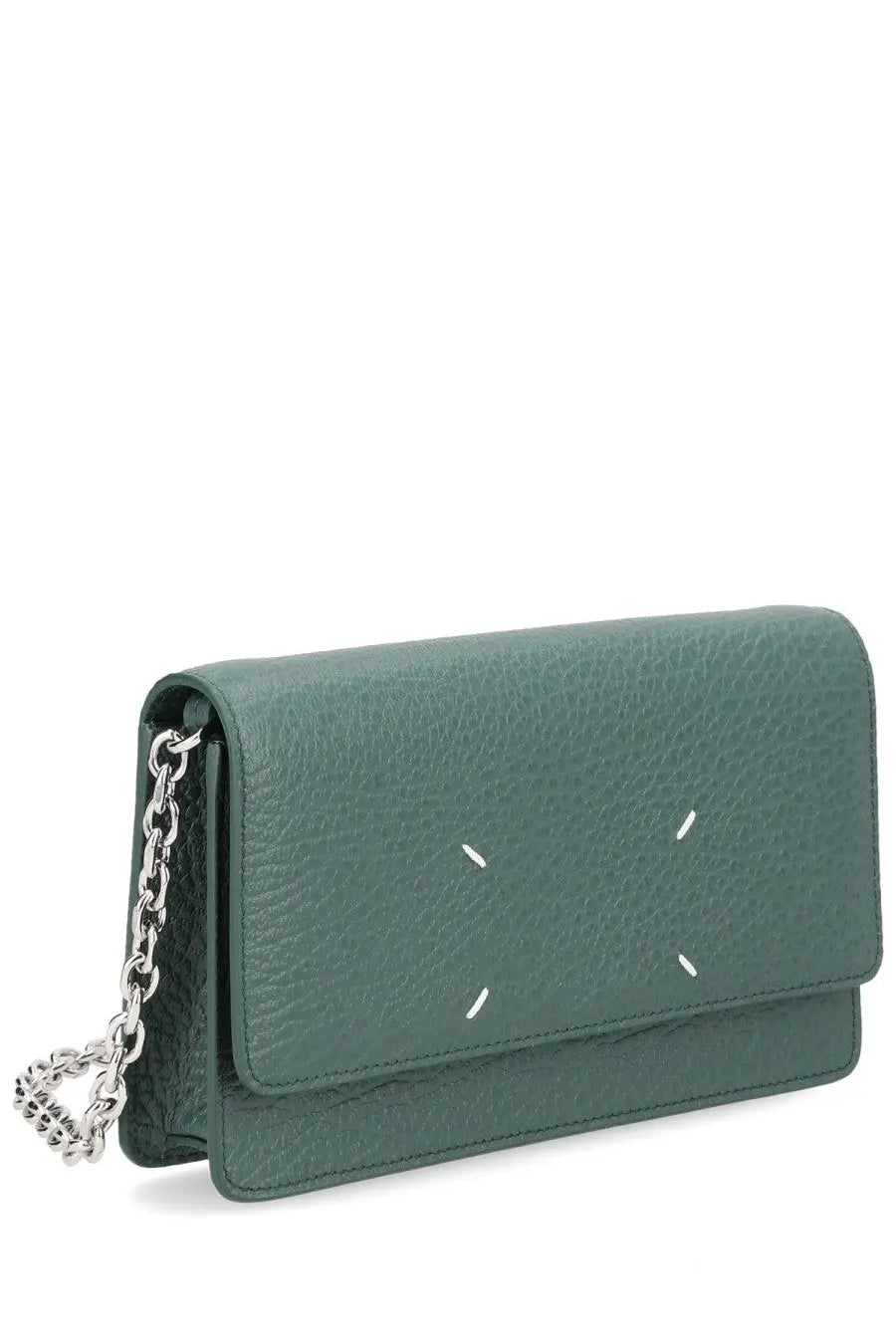 Maison Margiela unisex four stitches wallet green in sleek olive green textured leather with silver chain strap and white stitching