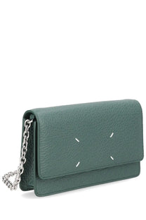 Maison Margiela unisex four stitches wallet green in sleek olive green textured leather with silver chain strap and white stitching