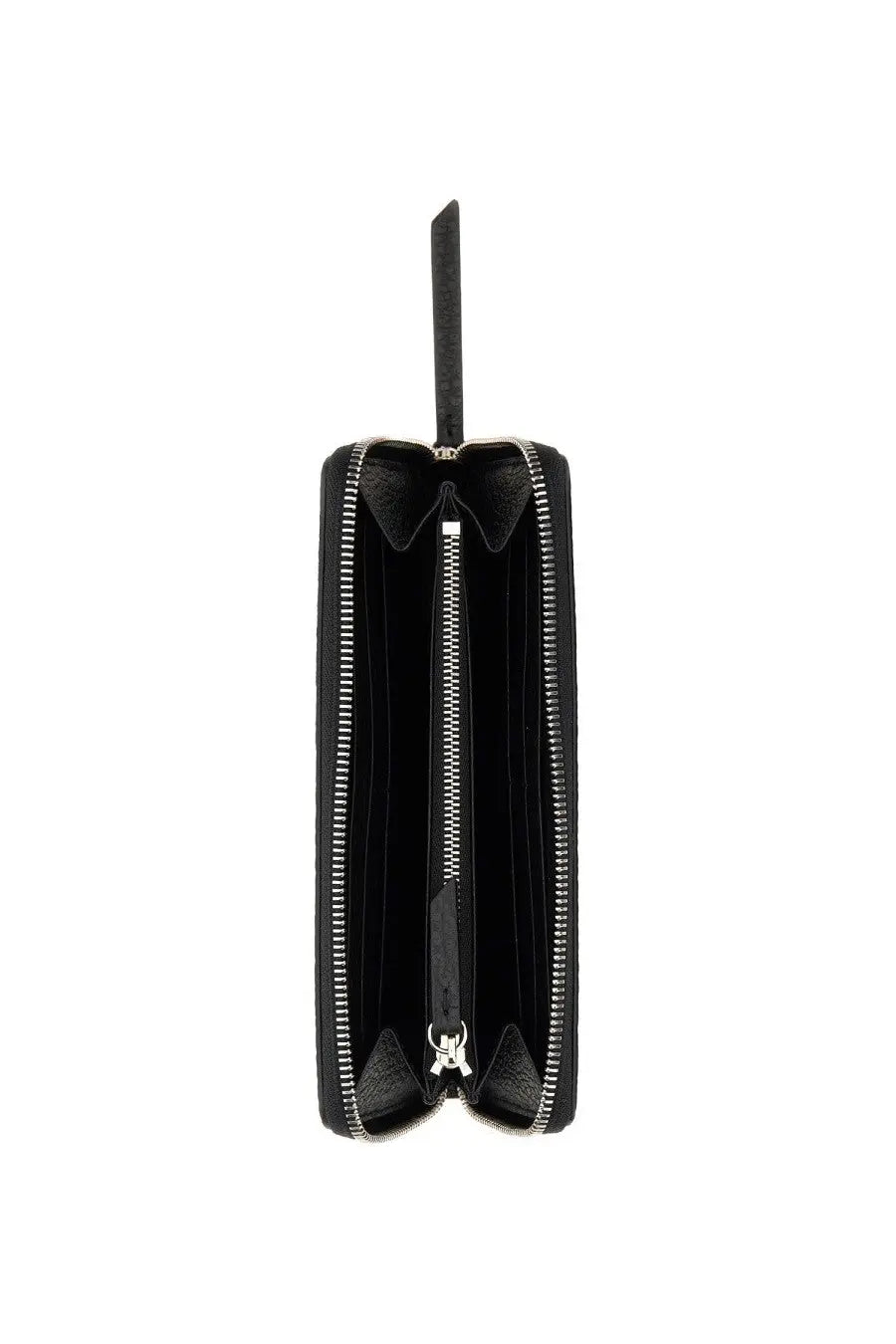 Maison Margiela unisex black leather wallet with silver zipper and pull tab visible on the front side
