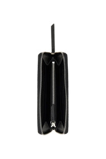 Maison Margiela unisex black leather wallet with silver zipper and pull tab visible on the front side