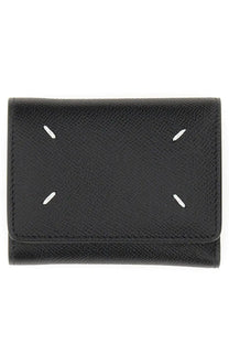 Maison Margiela unisex black leather wallet with textured finish and white stitching accents