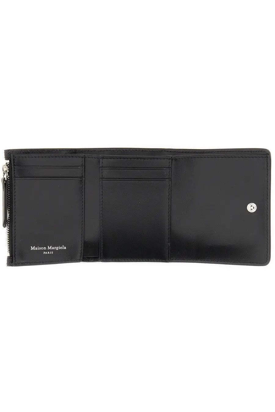 Maison Margiela unisex black leather tri-fold wallet with silver zipper button closure and paris branding inside