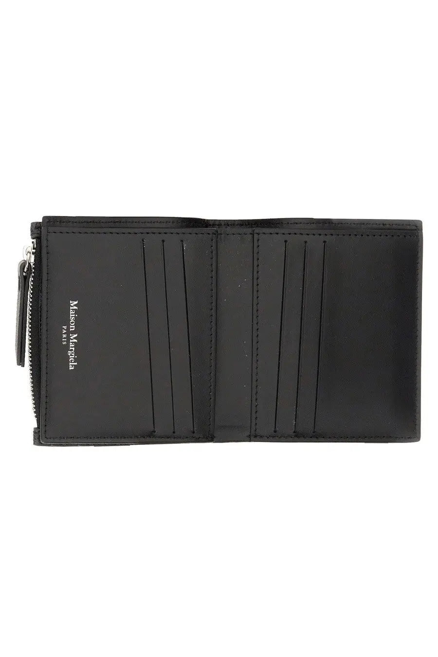 Maison Margiela unisex black leather wallet with zip closure multiple card slots and logo embossed on inner flap