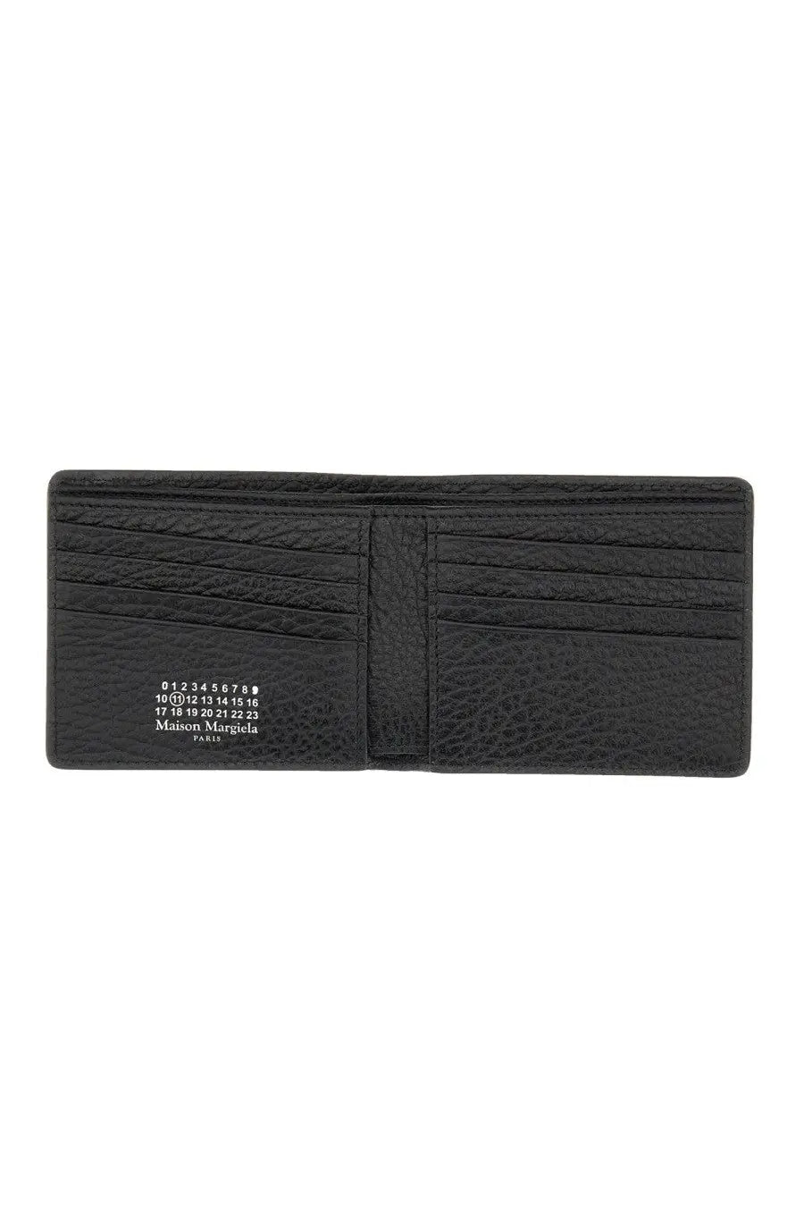 Black textured leather maison margiela unisex wallet with white printed numbering and paris branding