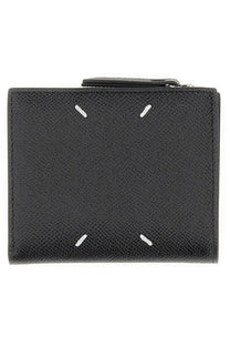 Maison Margiela unisex wallet black textured leather with white stitching accents and zipper closure