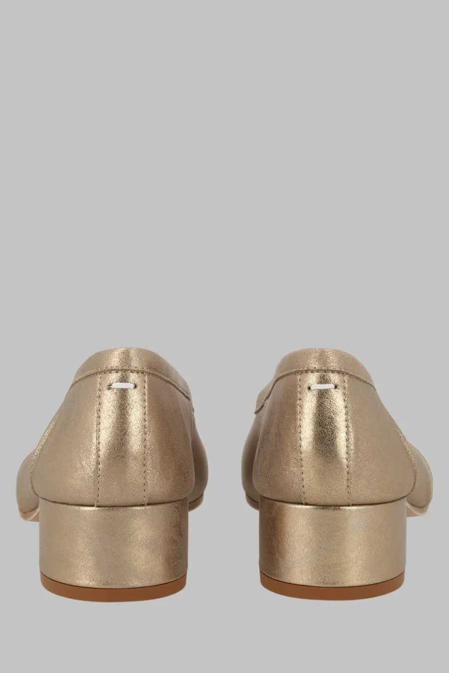 Maison Margiela women’s ballerina new tabi gold gold metallic leather loafers with low block heel and white stitching detail