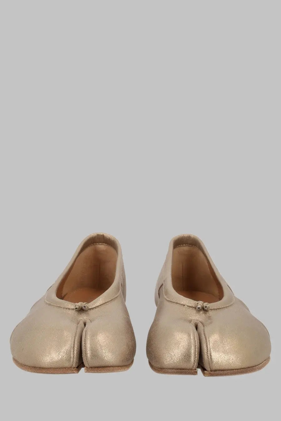 Maison Margiela women’s ballerina tabi gold metallic leather shoes with split-toe design front view