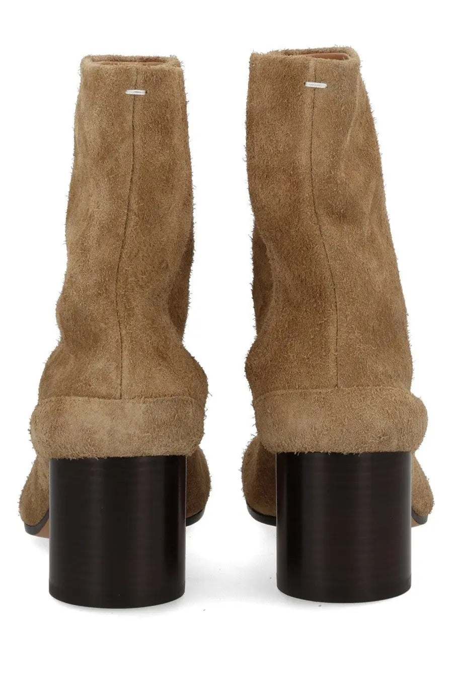 Maison Margiela women’s tan suede ankle boots with chunky black heel and small white tag at the back of each boot