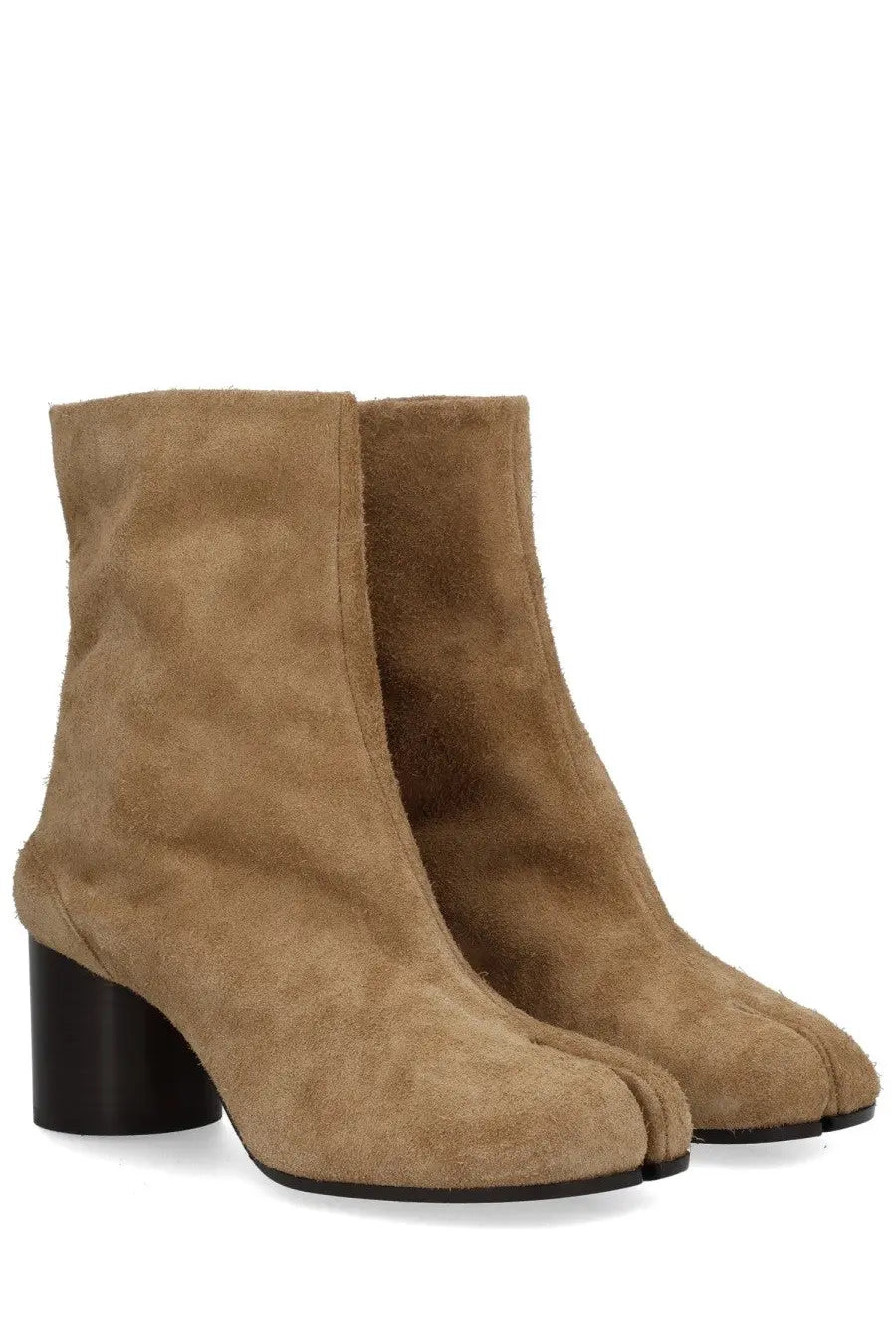 Maison Margiela women’s tan suede tabi boots with chunky black heel and contrasting black sole shown from the back