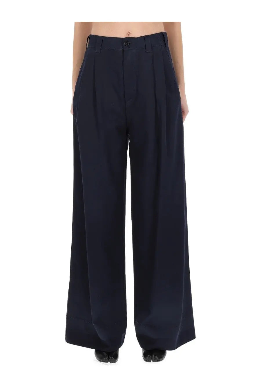 Maison Margiela women’s chino pants in navy blue with wide-leg fit, structured pleated front, and button closure
